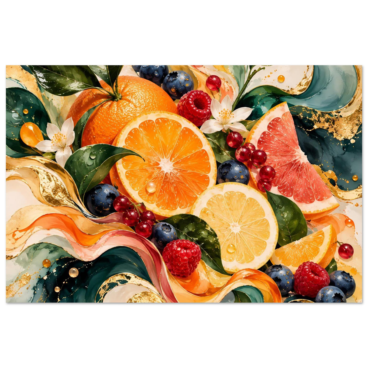 Luxuriöses Premium-Poster mit Früchten und Rankenmotiv in kräftigen Farben und Aquarelloptik
