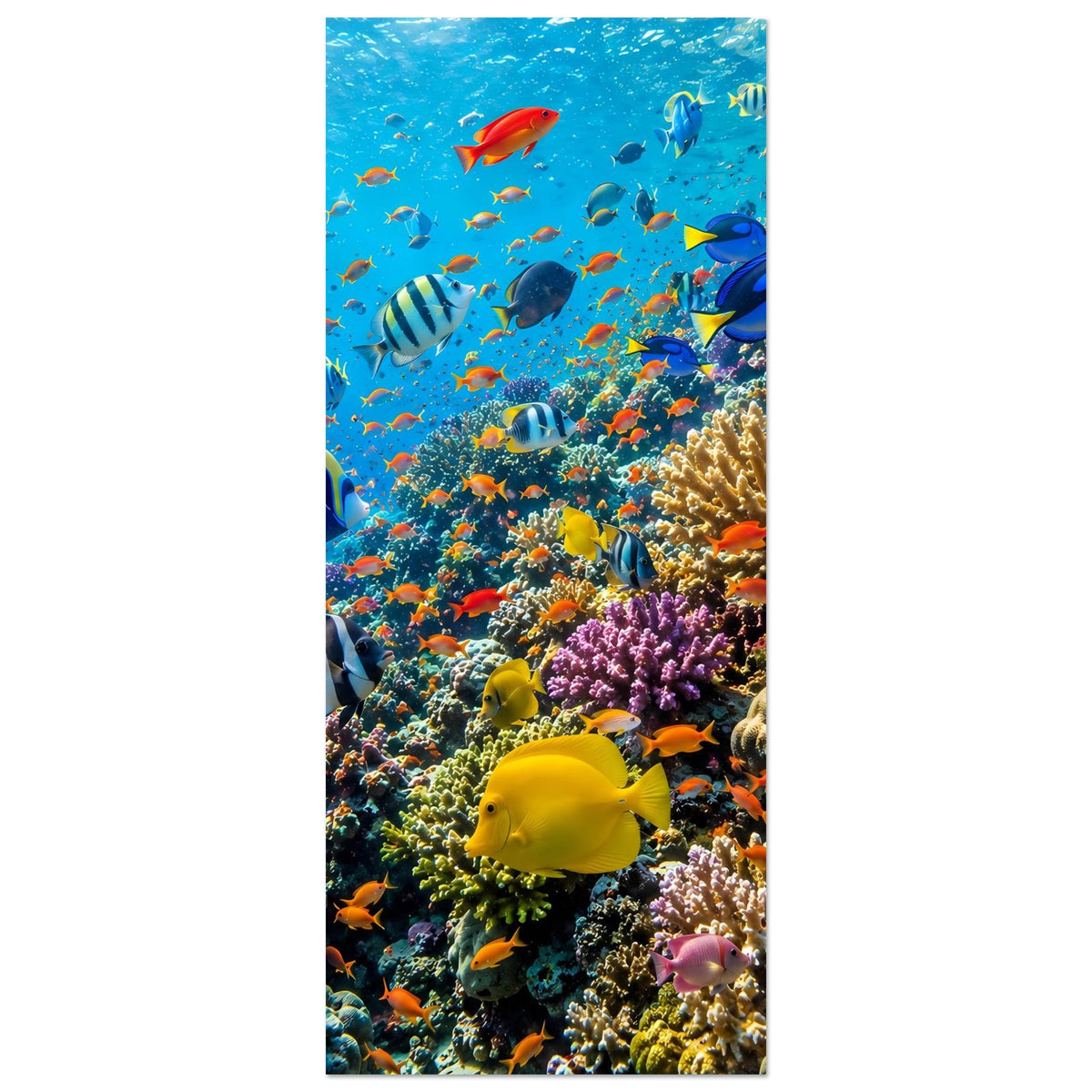 Vertikales Poster mit Korallenriff und bunten tropischen Fischen