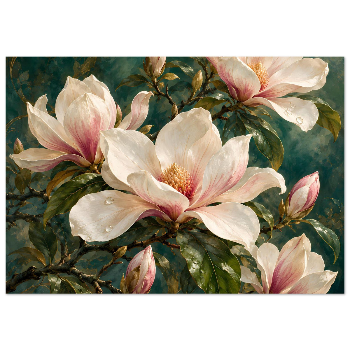 Floralposter mit Magnolienstrauch, cremefarbene Blüten und rosa Akzenten, gerahmt