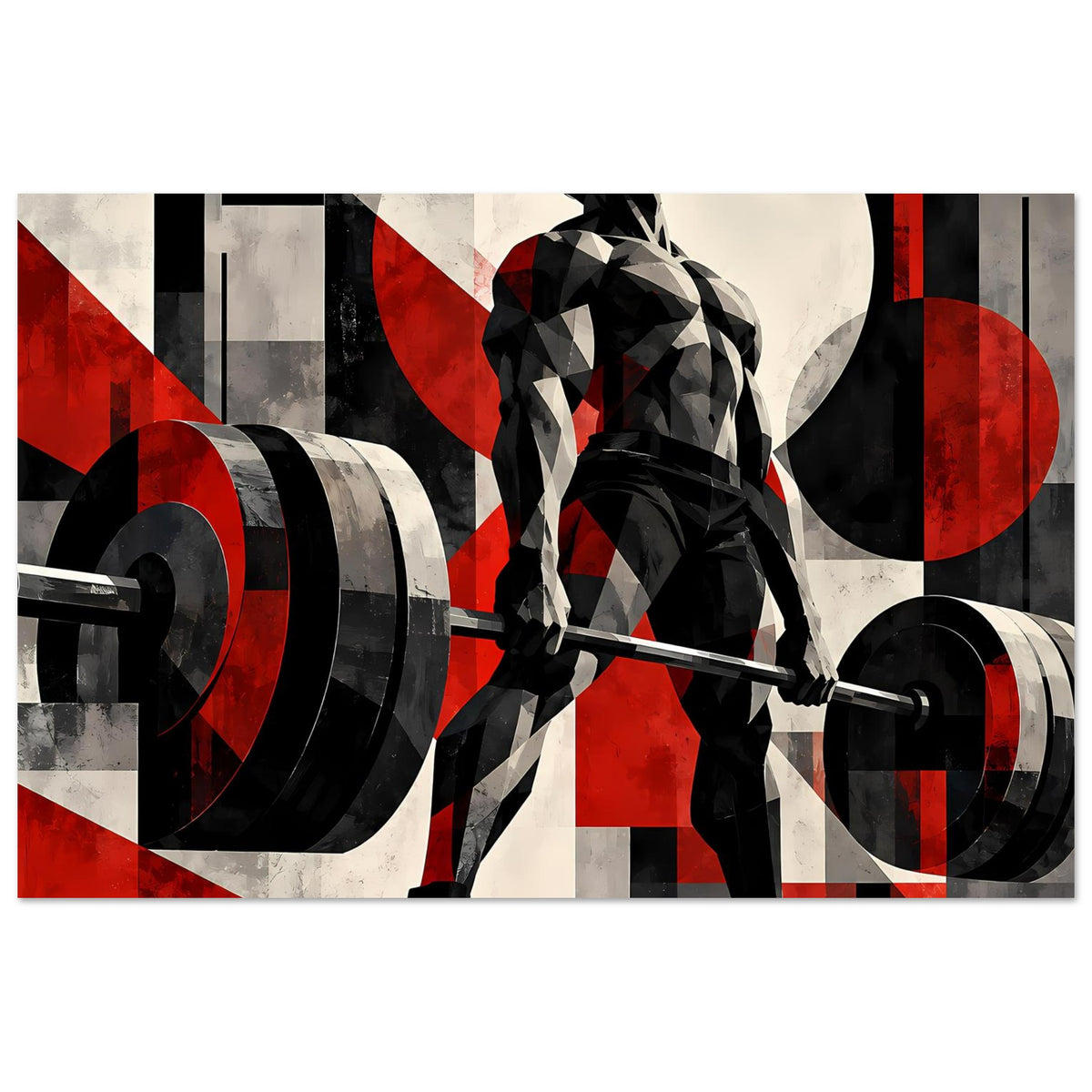 Breitformat-Fitnessposter mit Kraftsportler-Silhouette und Hantelstange, rot-schwarz