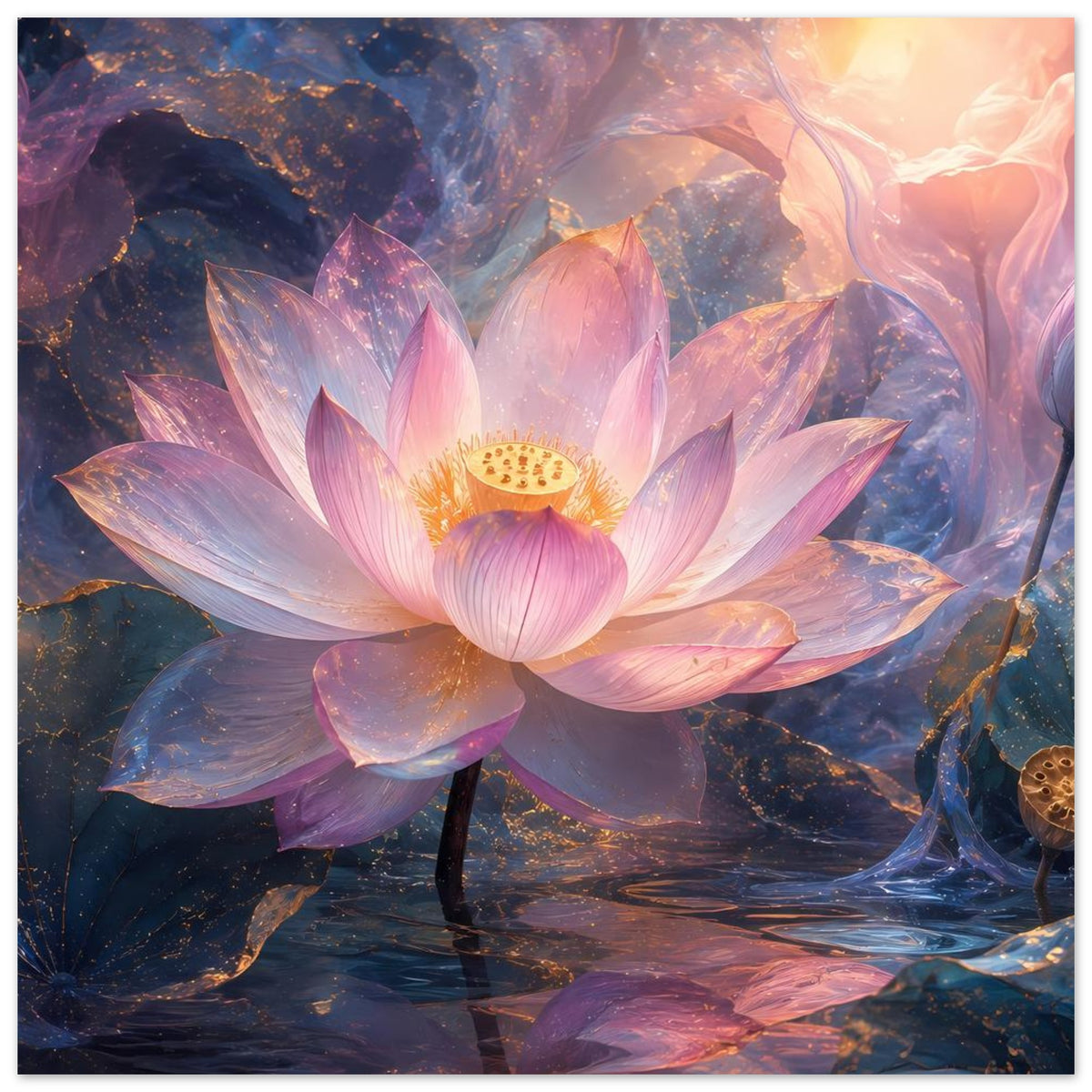Gerahmtes Kunstposter mit Lotusblüte in zarten Rosa- und Blautönen