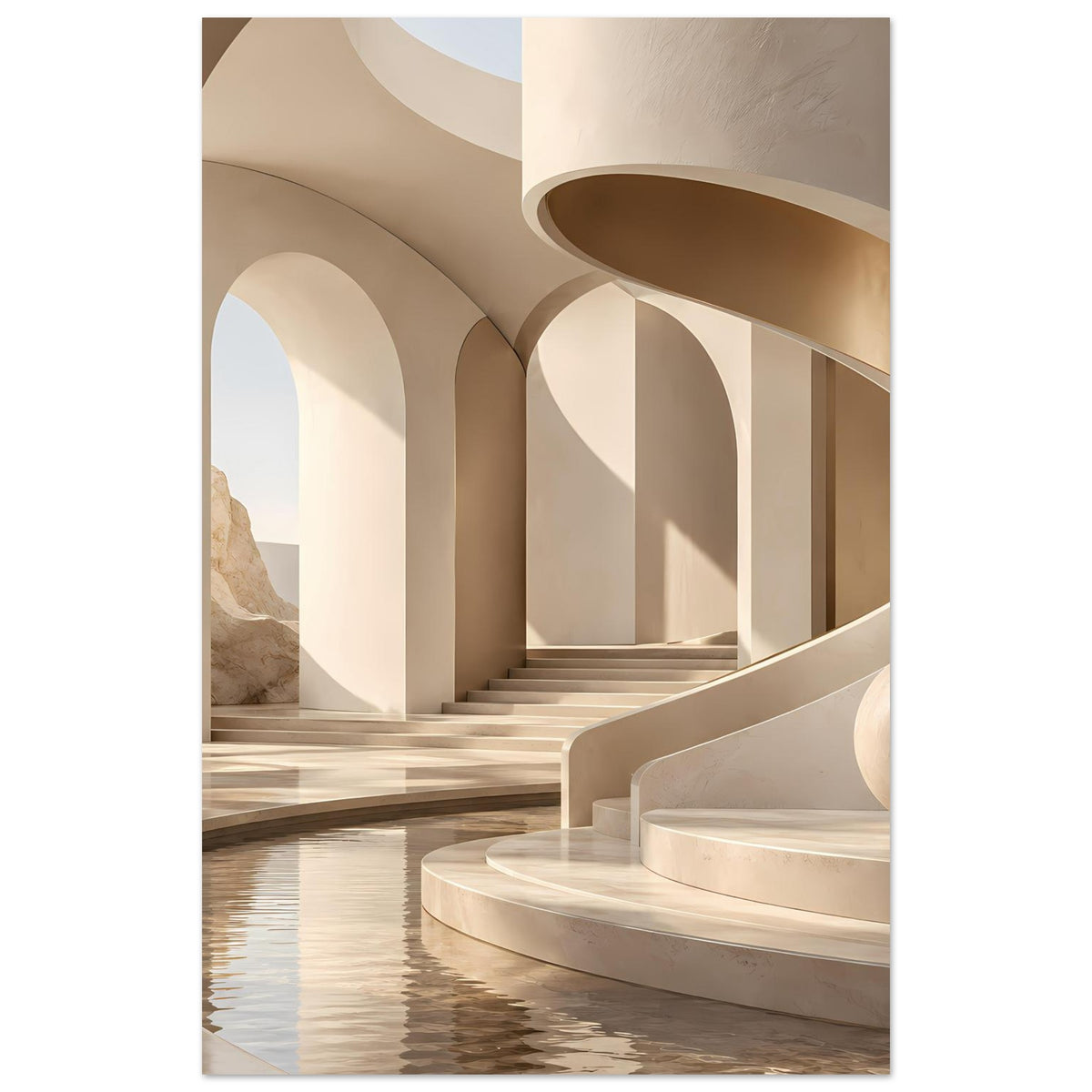 Poster: minimalistische Marmorarkaden mit Treppe, schmalen Säulen und Wasserreflexion unten
