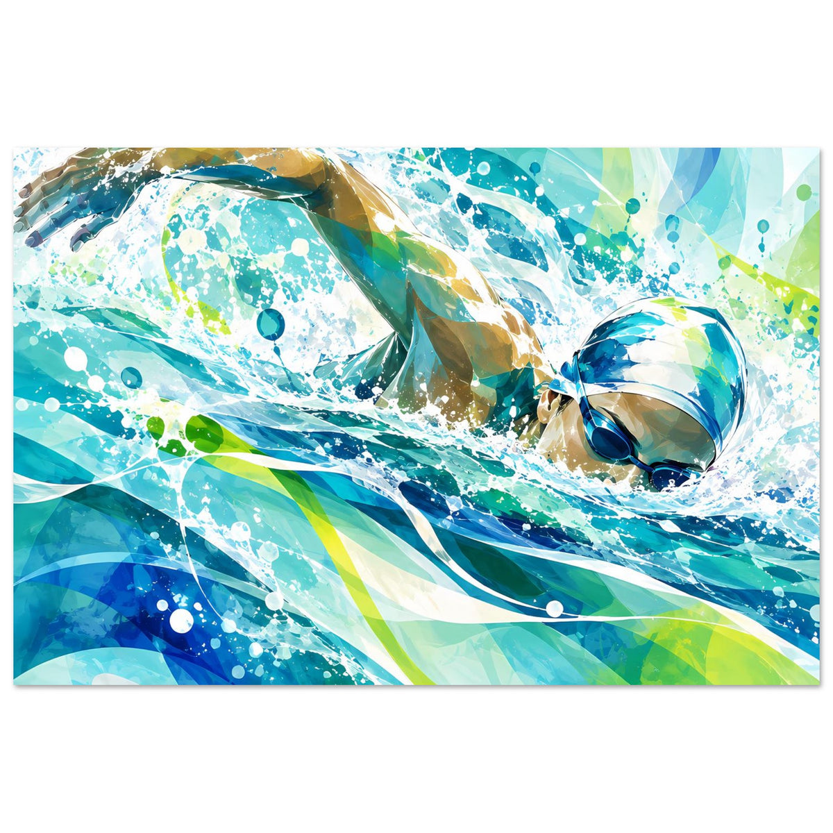 Querformat-Poster mit Schwimm-Motiv, abstrakte Spritzer und Wellen in Blau und Grün