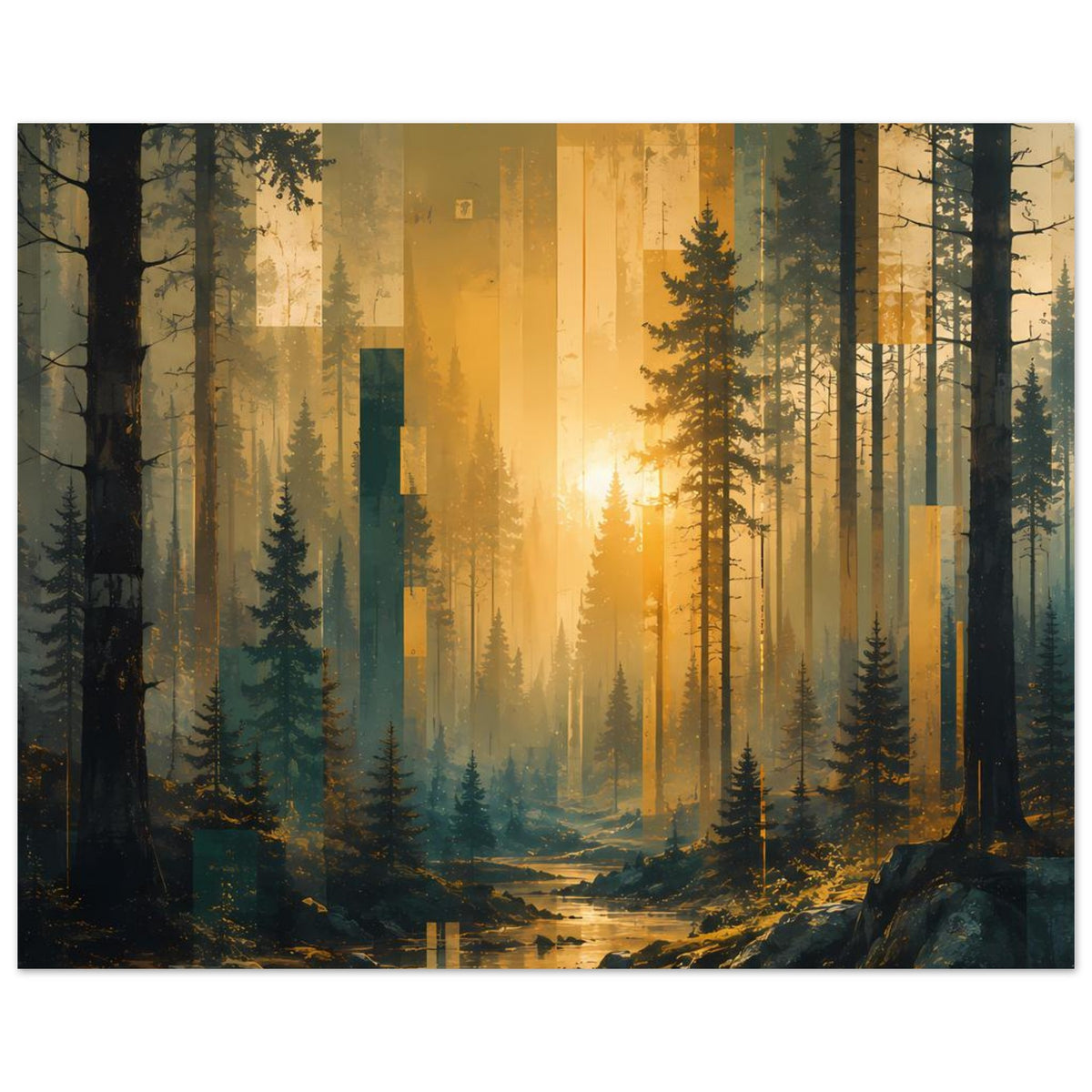 Poster Wald im Sonnenaufgang: hohe Nadelbäume, Nebel und reflektierender Bachlauf