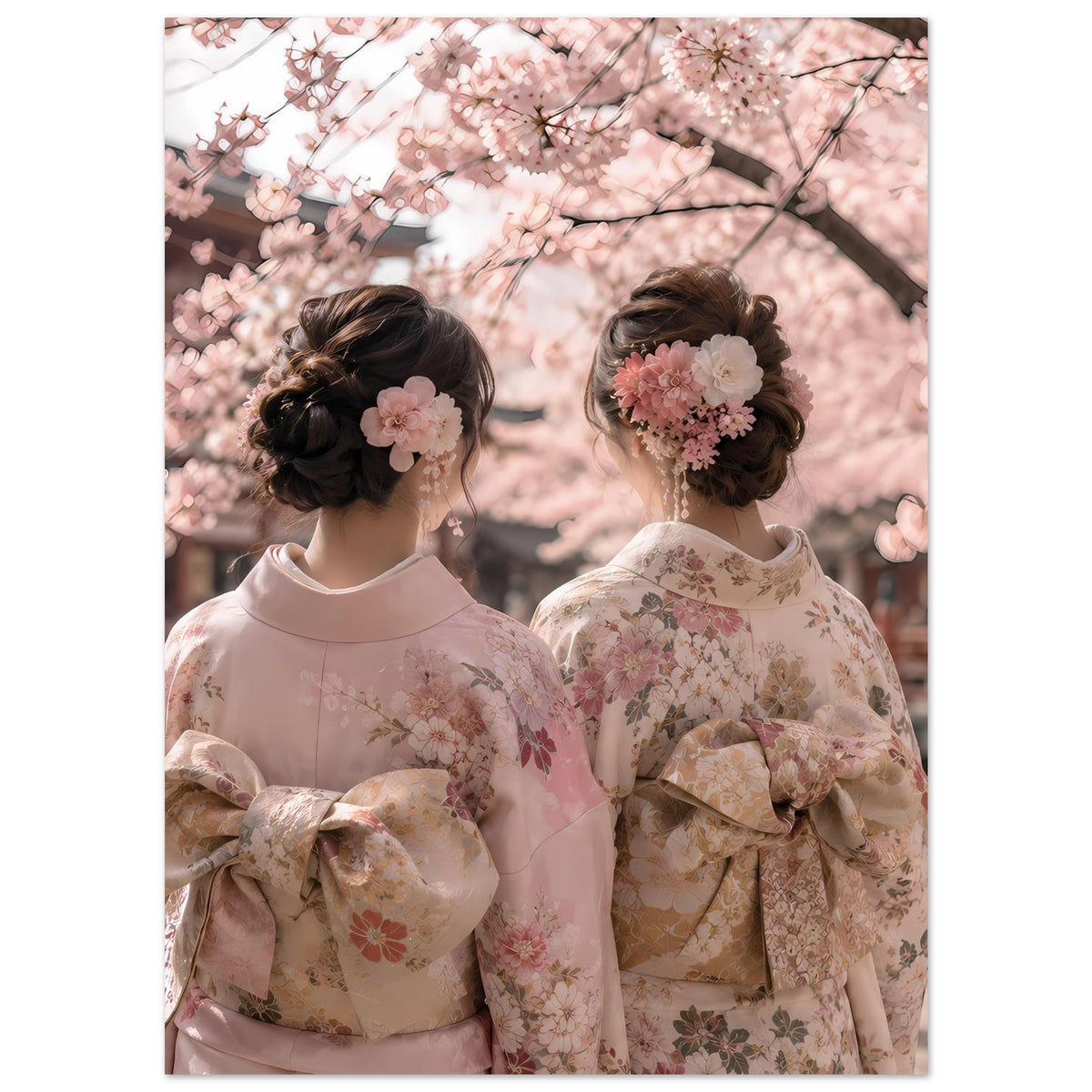 Vertikales Poster mit zwei Frauen im Kimono unter Kirschblüten