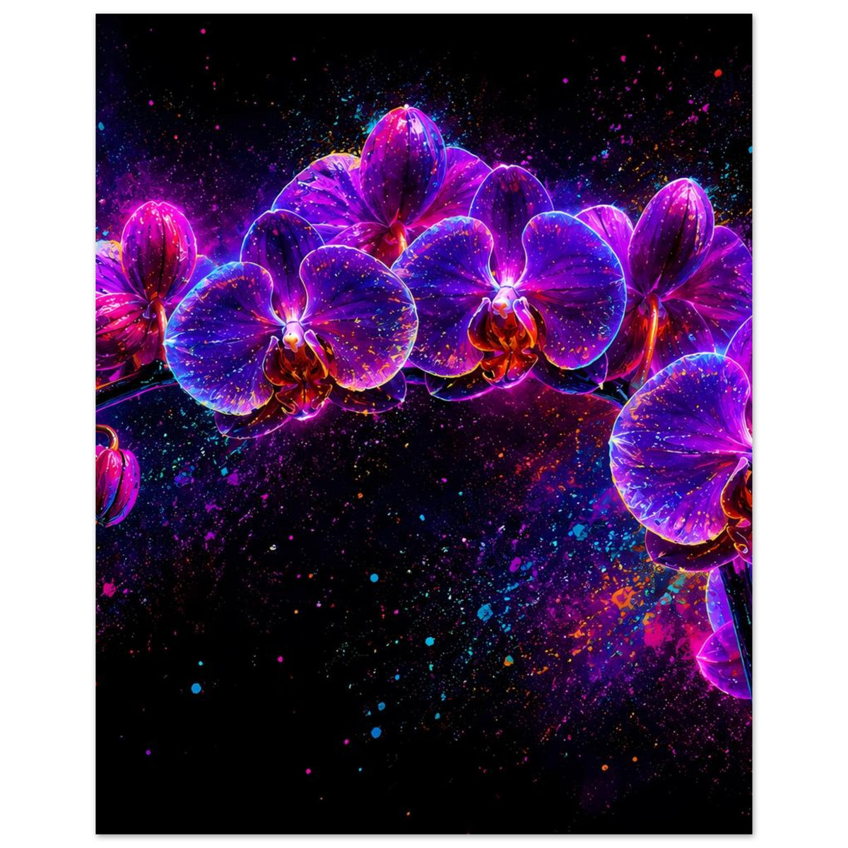 Neonblumenposter mit vier Orchideenblüten in Lila, Pink und Blau, sternenartige Punkte