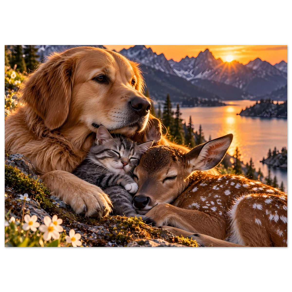 Querformat-Poster (Nahansicht) mit Hundekopf, Katze und Reh vor Bergsee bei goldenem Licht