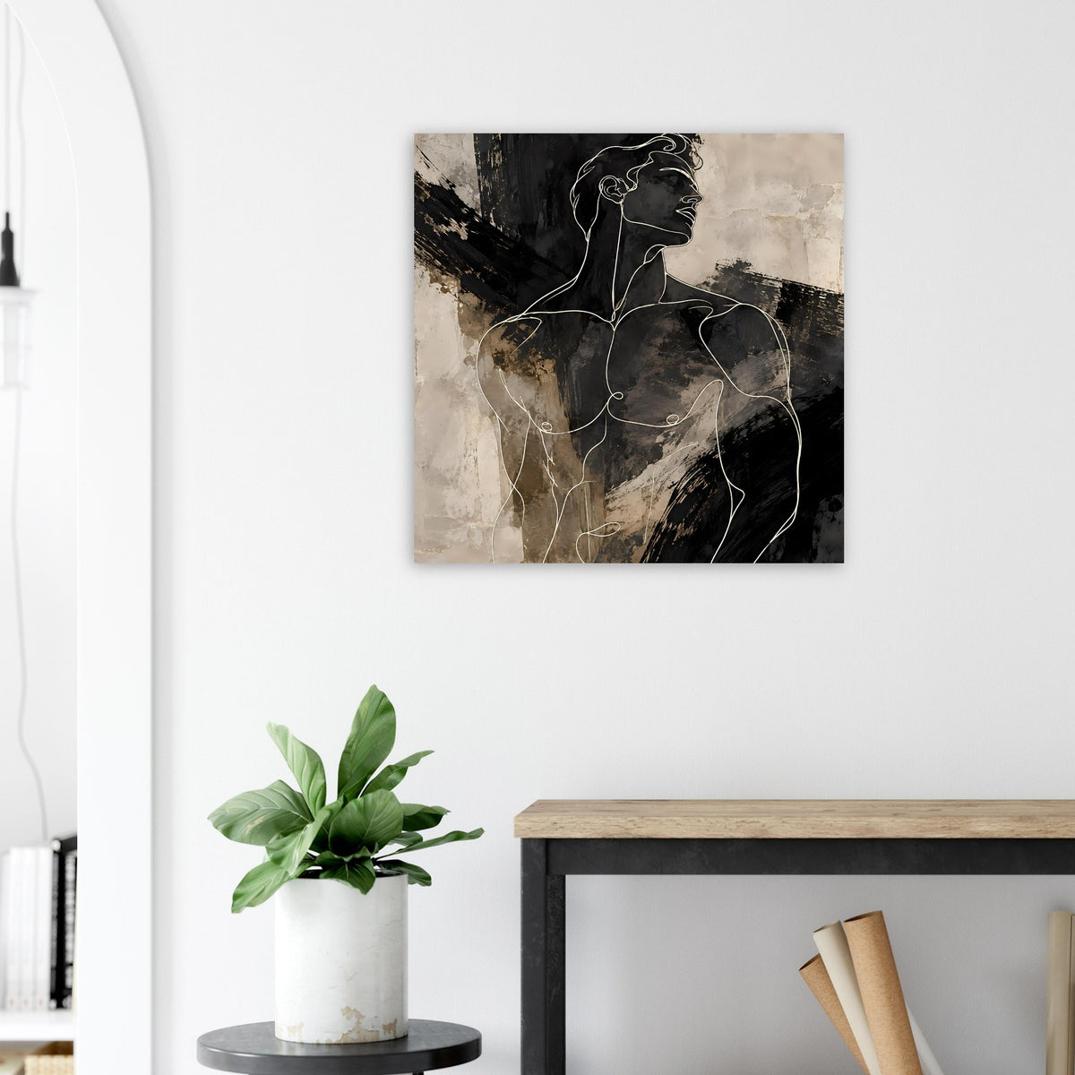 Quadratisches Poster mit abstrakter männlicher Silhouette, dünne Linien auf beiger Fläche