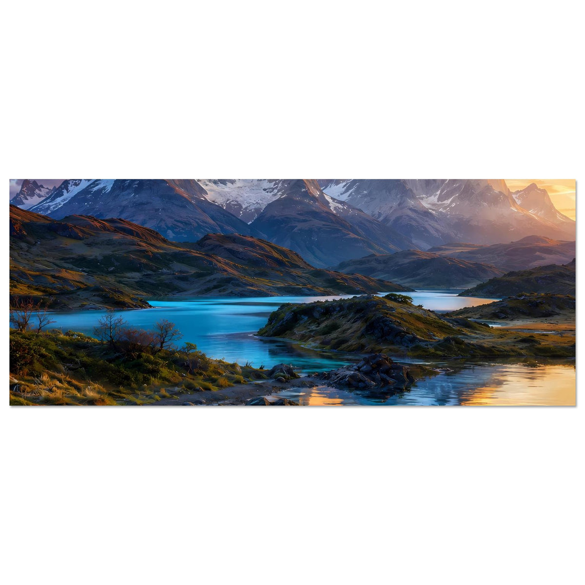 Poster mit Berglandschaft im Sonnenuntergang, Fluss und Spiegelungen, horizontal