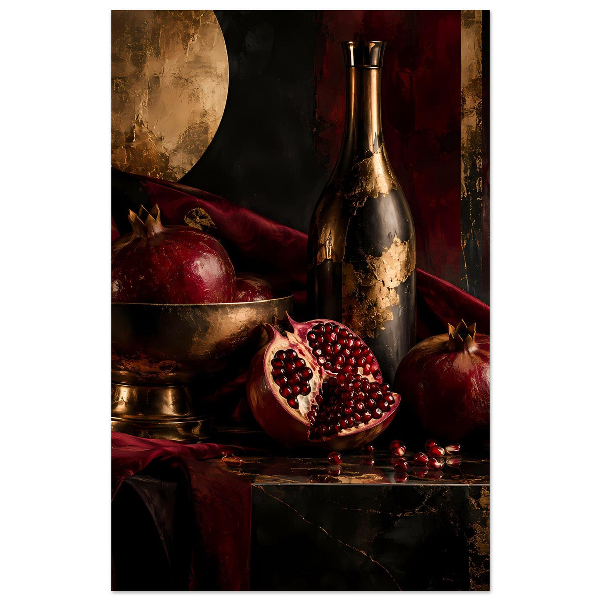 Stillleben-Poster im Hochformat mit Granatäpfeln, goldener Schale und Flasche