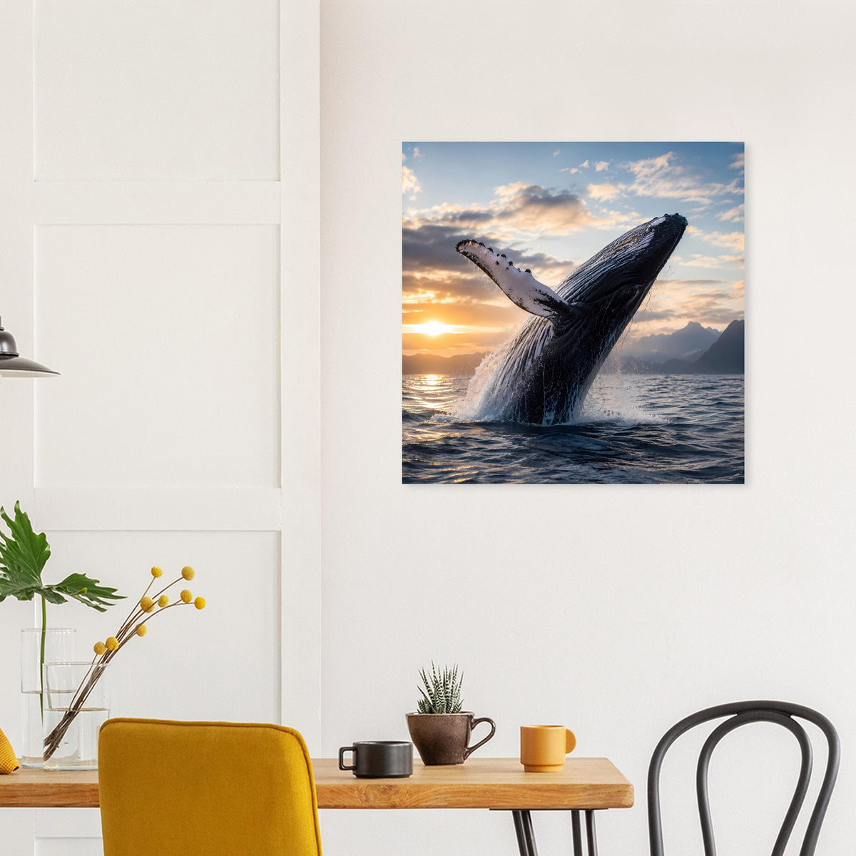 Wandposter mit Buckelwal im Sprung, Wasserfontäne, Sonnenuntergang, blauer Rahmen