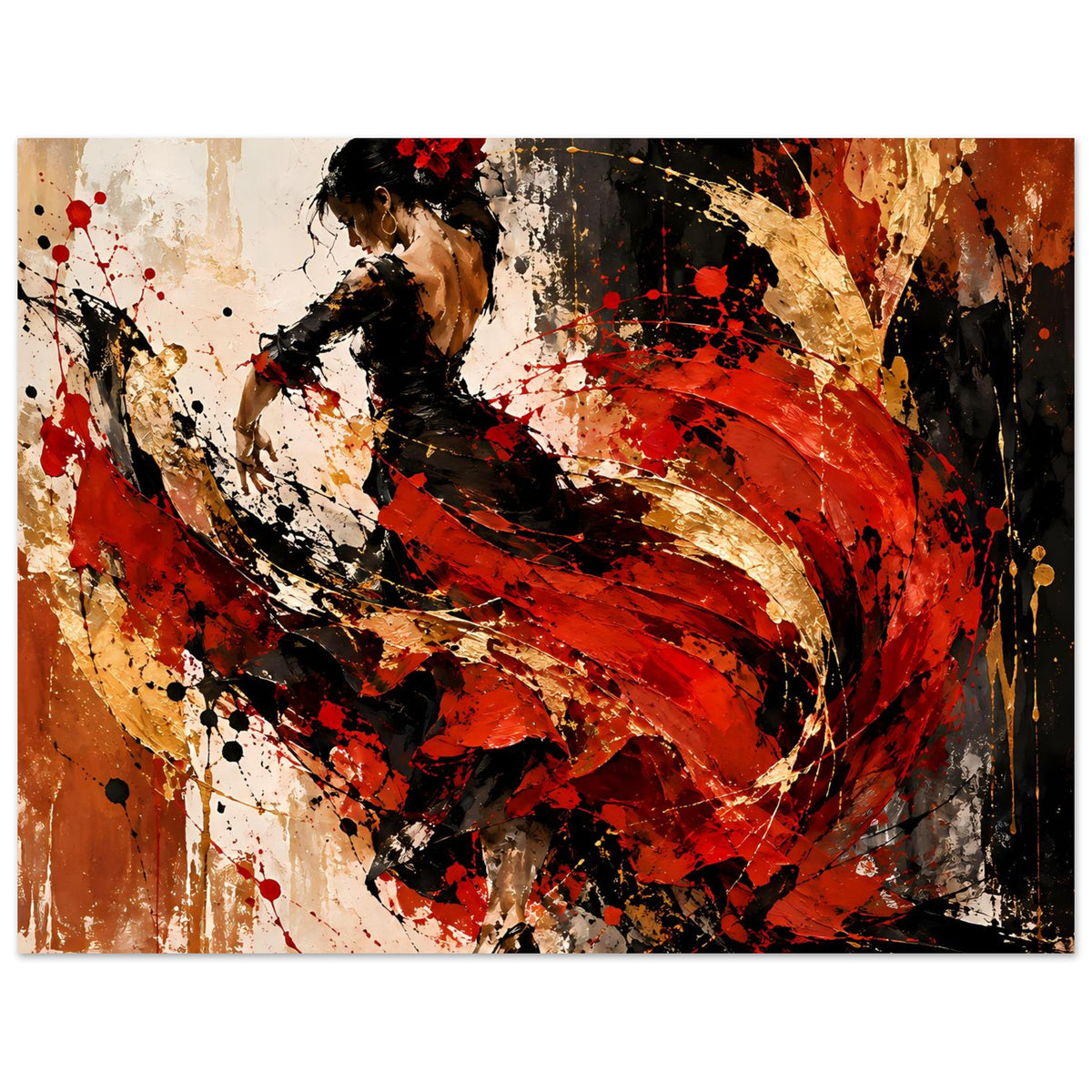 Tanzposter Querformat: Flamenco-Tänzerin in Rot, Gold und Schwarz mit Farbsprenkel