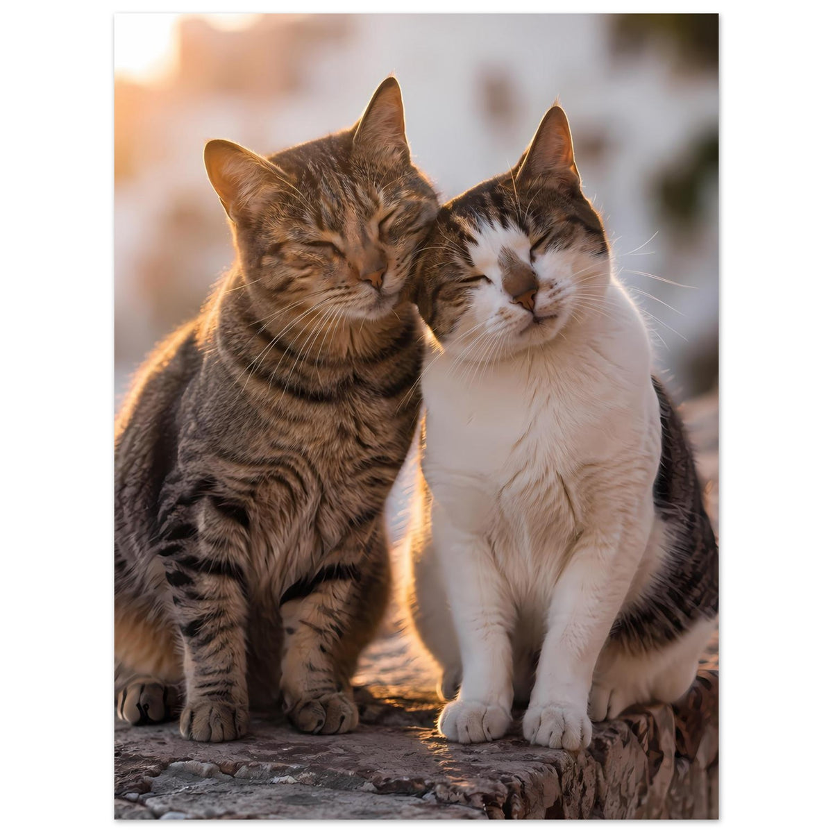 Katzenposter Nahansicht: zwei Katzen, graubraun und weiß, Augen geschlossen und entspannt