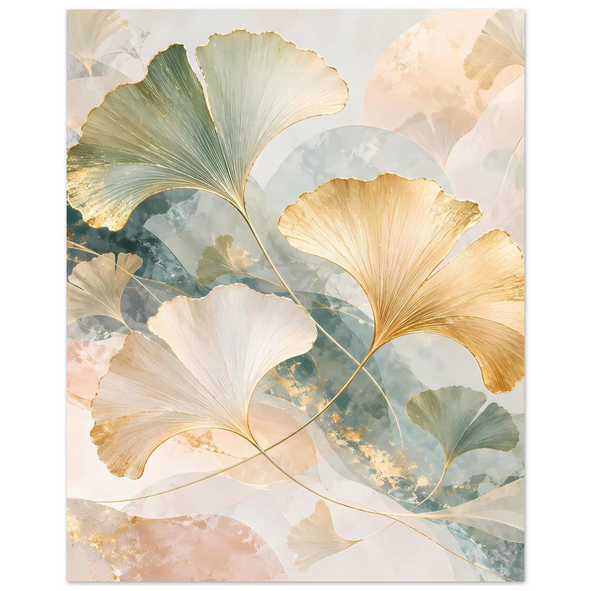 Quadratisches Poster mit Ginkgo-Blättern in Creme, Grünblau und Goldakzenten