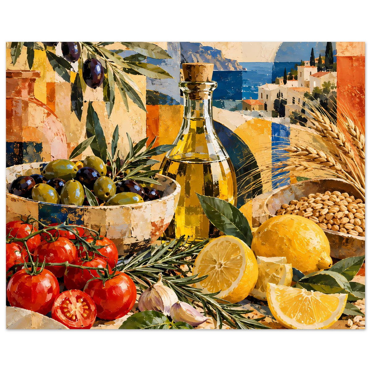 Wandposter Stillleben mit Ölflasche, Oliven, Tomaten, Zitronen, Weizenähren und Kräutern