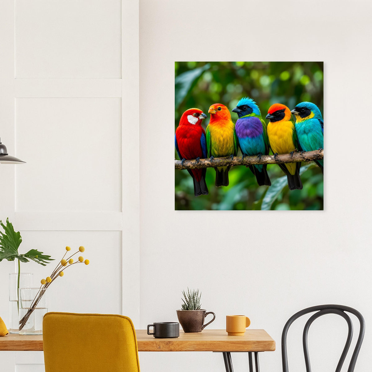 Poster mit fünf bunten tropischen Vögeln auf einem Ast, detailreiche Farben