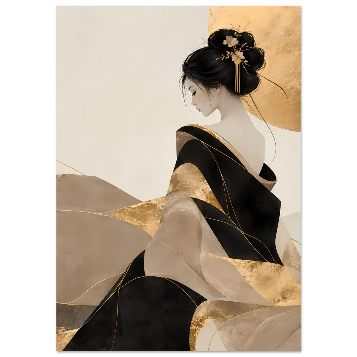 Kunstposter im Hochformat: Frau im Profil mit schwarzem Kleid, goldene Flächen und feine Linien