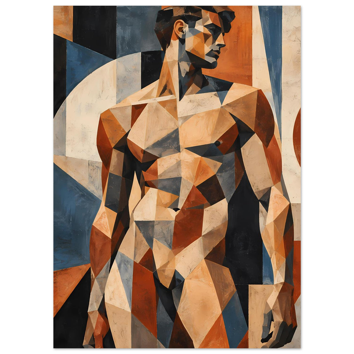 Kunstposter mit geometrischer Aktfigur eines Mannes, Ansicht von Kopf bis Hüfte