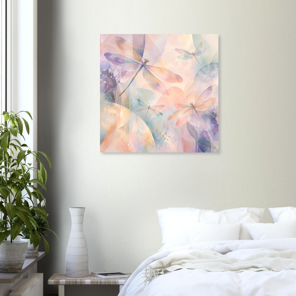 Pastellposter mit Libellenflügeln in Pfirsich-, Lavendel- und Hellblau, quadratisch