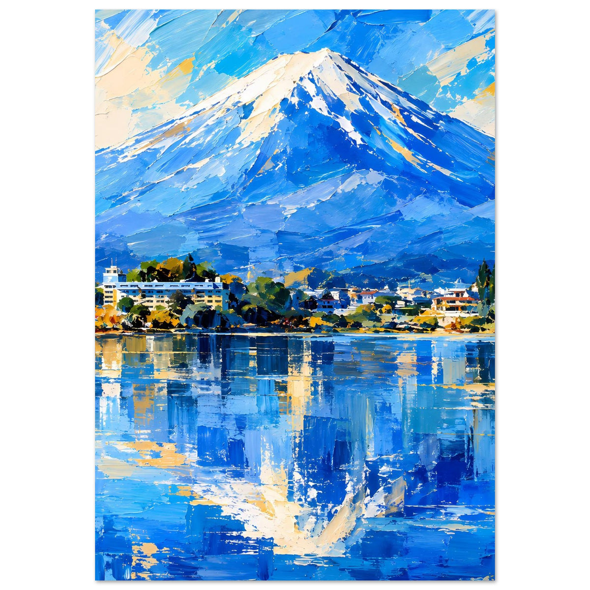 Poster im Hochformat: blauer Berg mit schneebedeckten Flanken und Dorf am See