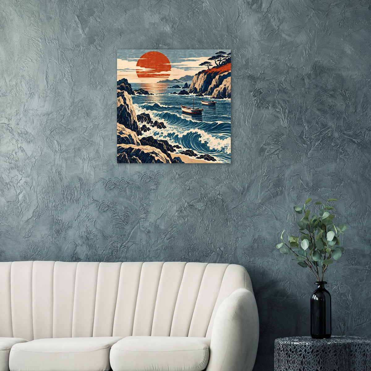 Quadratisches Wandposter mit roter Sonne über türkisfarbenen Wellen und Klippen