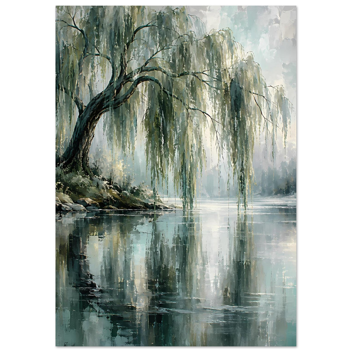 Poster mit gedrehten Ästen, hängenden Weiden und Wasserreflexion, grün-blau