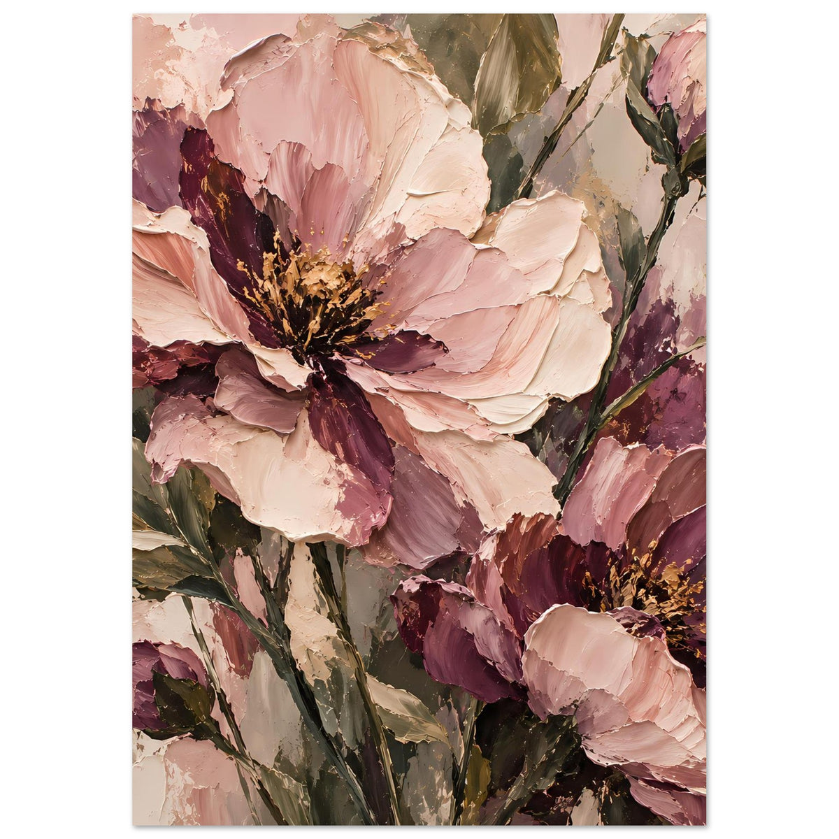 Florales Poster im Hochformat: zentrale Blüte blassrosa, umgeben von kleineren Mauve-Blüten und Blättern.