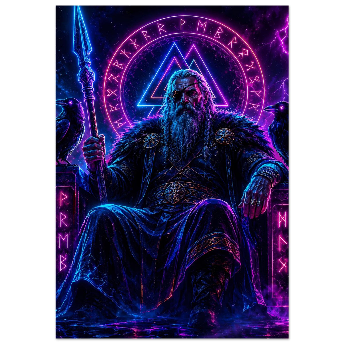 Nordisches Fantasy-Poster: Wikingerkönig mit Fellmantel, Dreieck-Halo und leuchtenden Runen