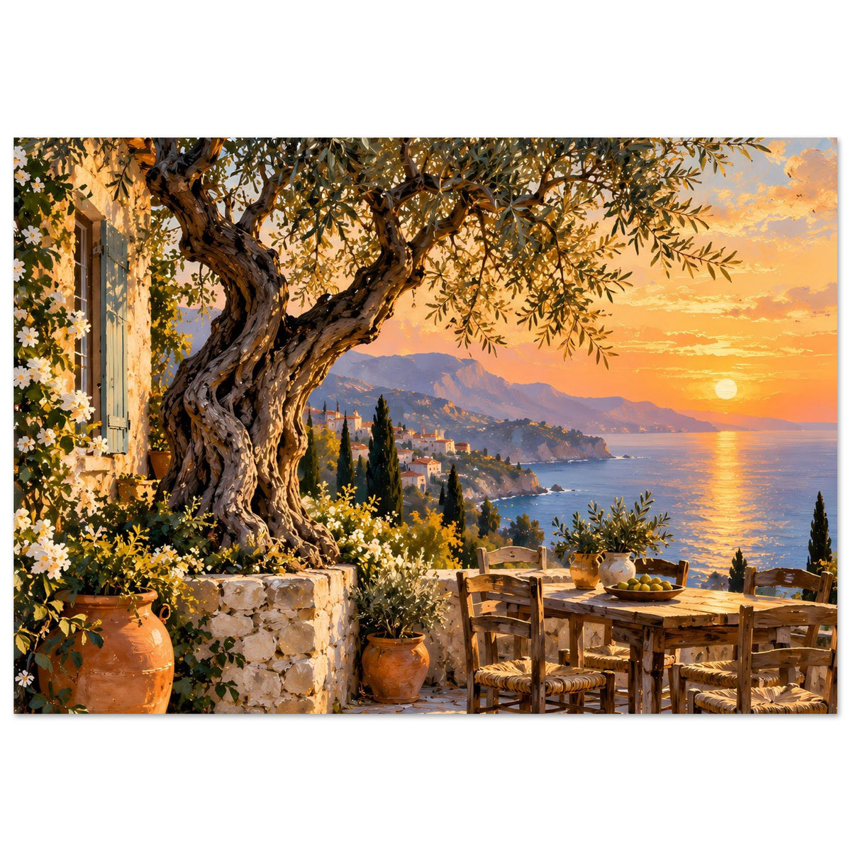 Mediterranes Sonnenuntergangs-Poster: Sonne über der Bucht, Olivenbaum, Steintrog und Gartenset.