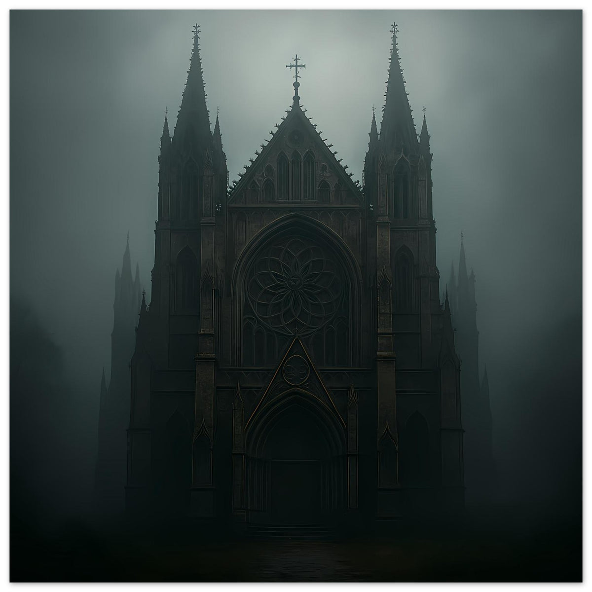 Gerahmter Kunstdruck einer gotischen Kathedrale im Nebel, symmetrische Fassade, Portal im Zentrum