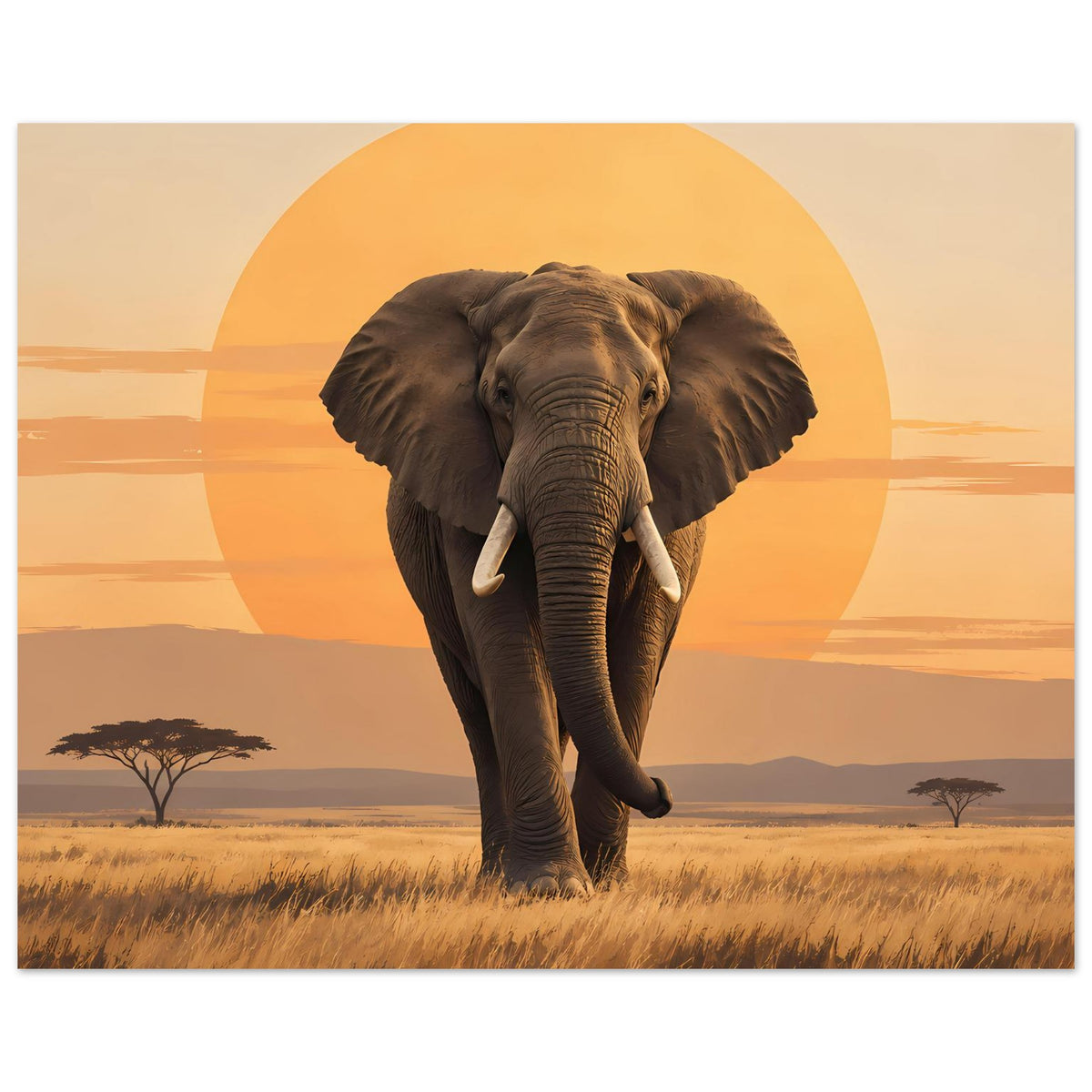 Matte Poster: brauner Elefant läuft nach vorn, Sonne als Kreis über der Landschaft