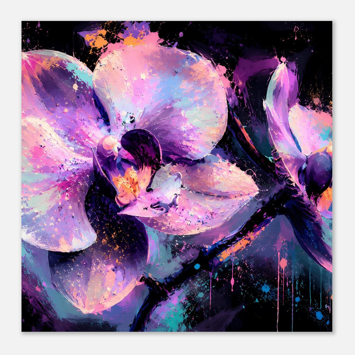 Abstraktes Neon-Orchideenposter mit violettem/pinkem Blütenmotiv und dunklen Akzenten, spritzig.