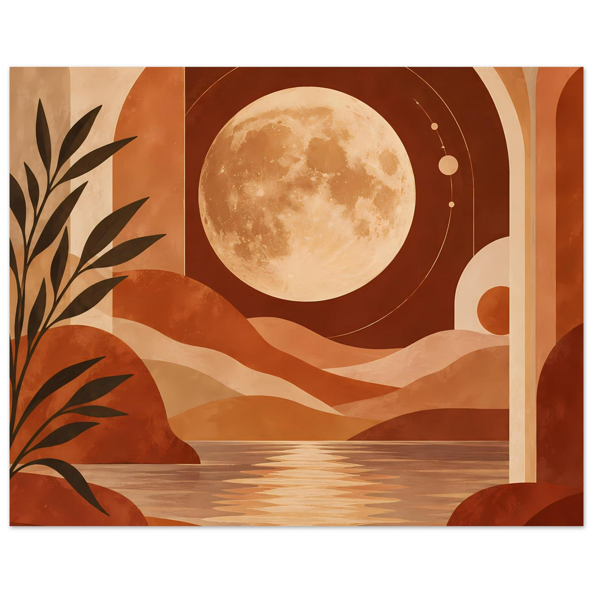 Boho-Poster mit Vollmond über Wüstenmeer, Terrakotta-Formen, Palmen links, Bogen rechts