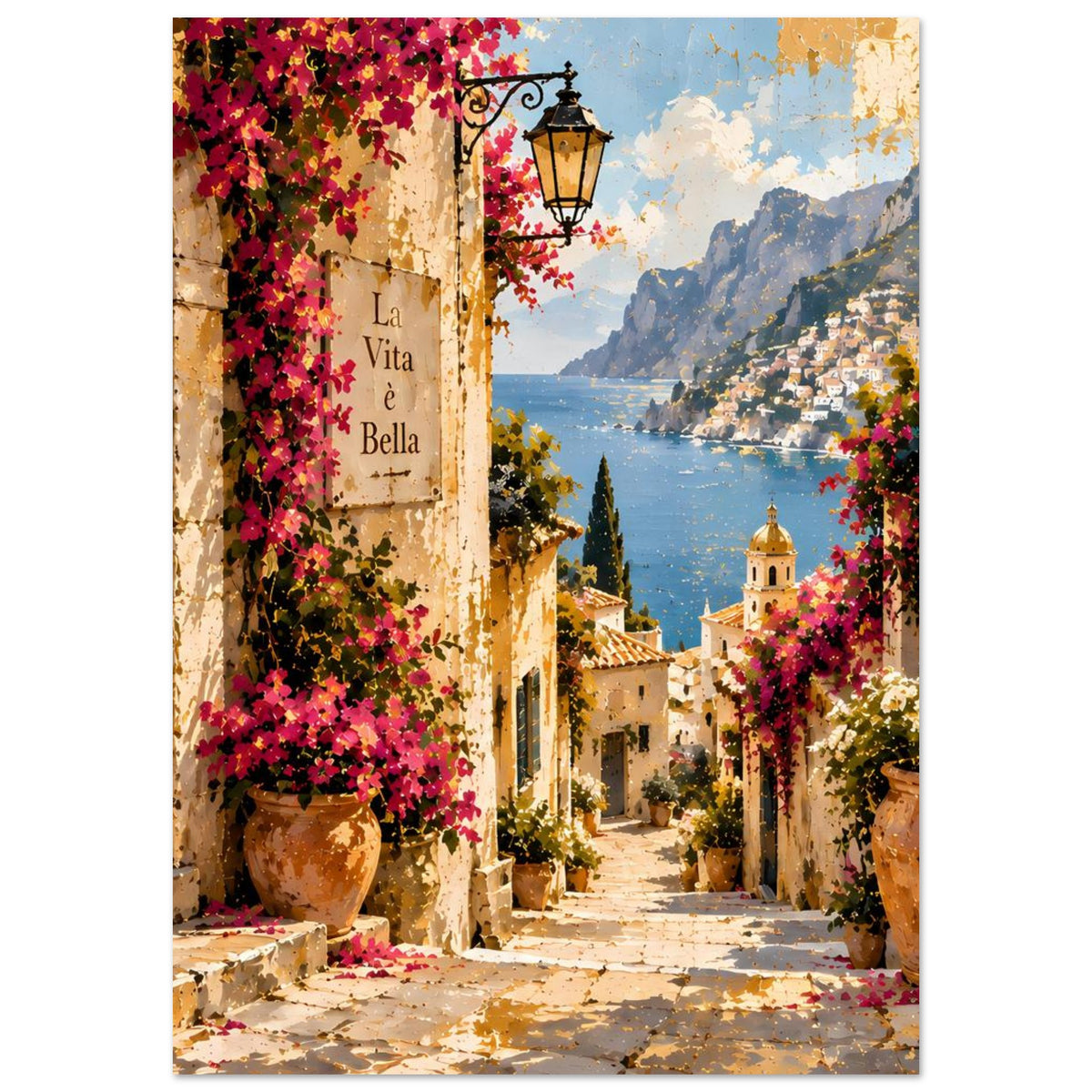 Poster mit Gassengang, Laterne, Tongefäßen und pinken Bougainvillea vor Meer und Bergen