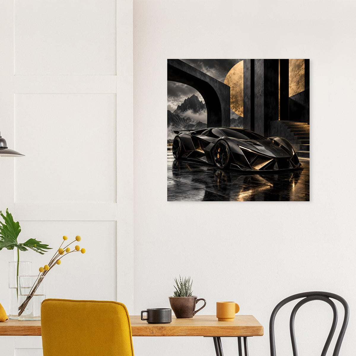 Autoposter mit schwarzem Supersportwagen im Vordergrund, goldene Akzente und Reflexionen