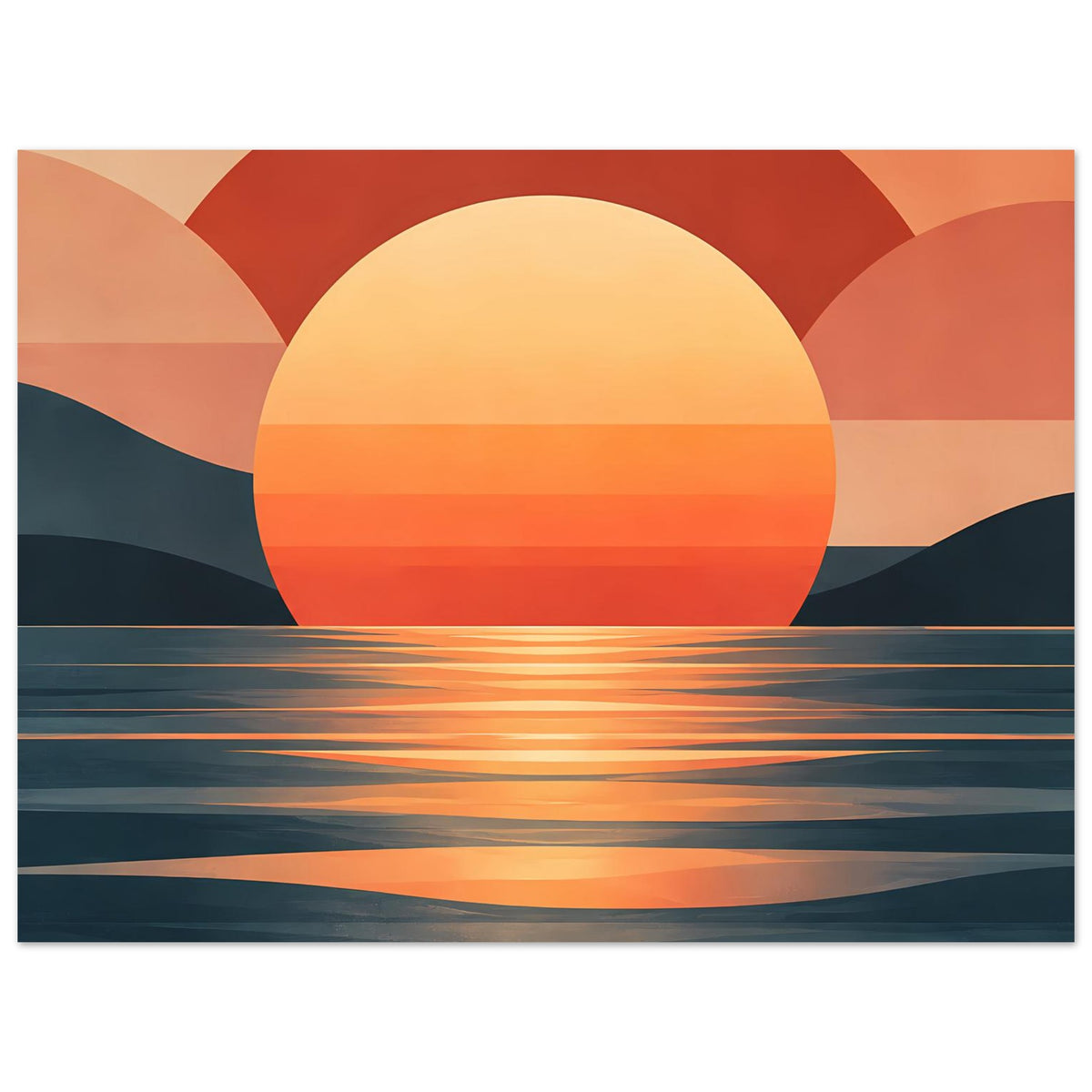 Kunstposter mit Sonnenkreis, ruhiger Wasserfläche und warmen Farbverläufen im Design