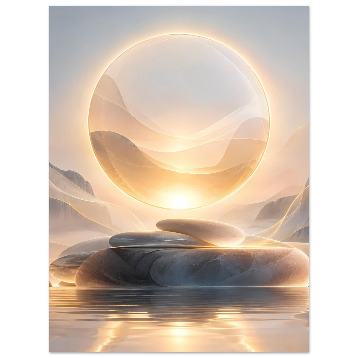 Abstrakter Kunstdruck (Hochformat): leuchtender Kreis über Felsen, Sandformen und Wasser