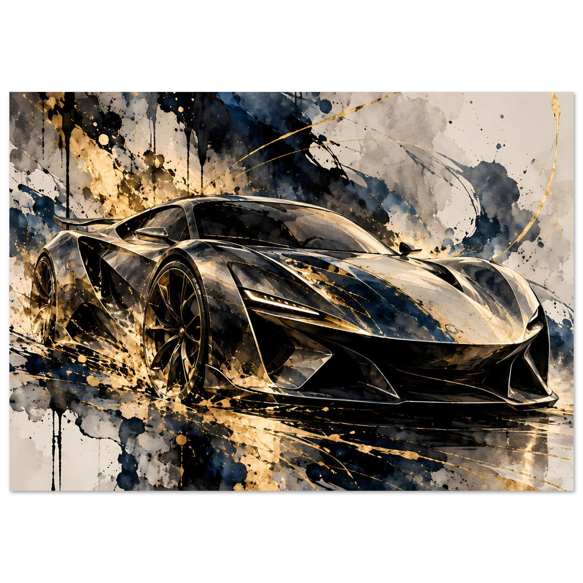 Poster mit Supersportwagen in Schwarz-Gold, abstrakte Spritzfarbe, Querformat