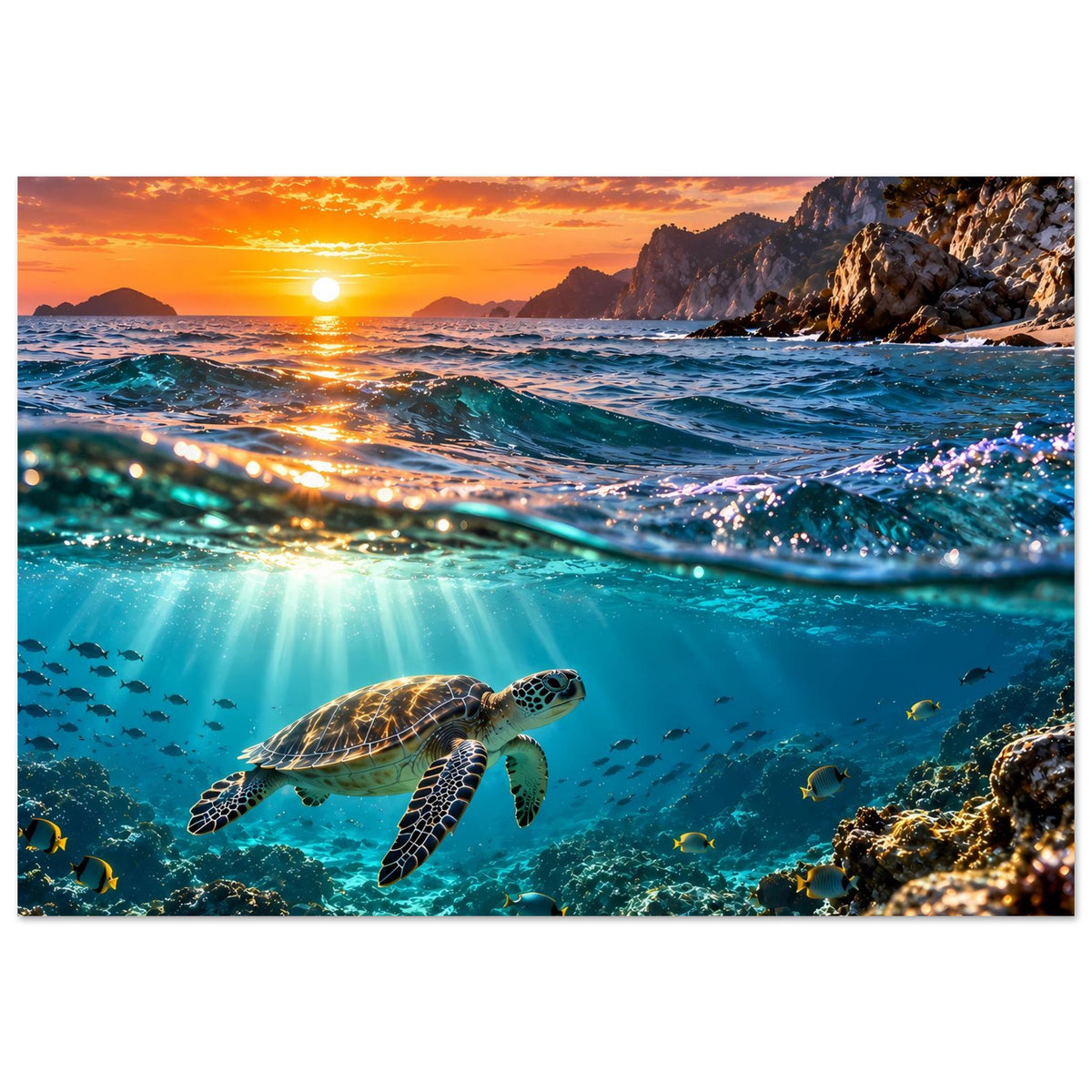 Meer-Schildkröte schwimmt vor Korallen, Wandposter mit Sonnenuntergang im Querformat