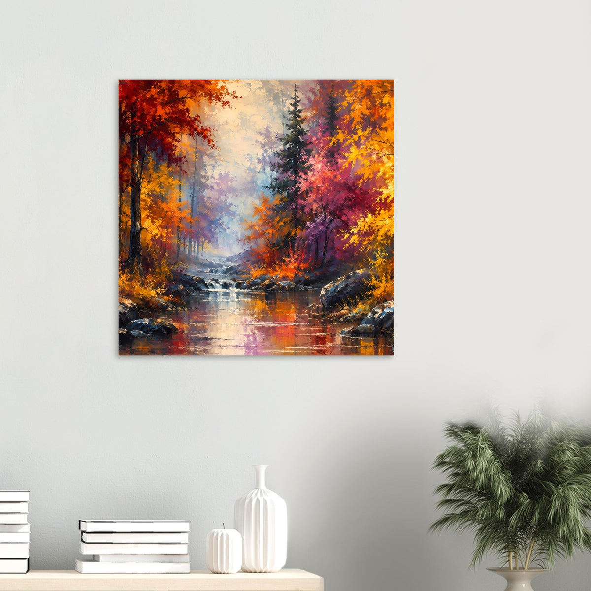 Quadratisches Panorama-Poster mit Herbstwald, Fluss und bunten Bäumen