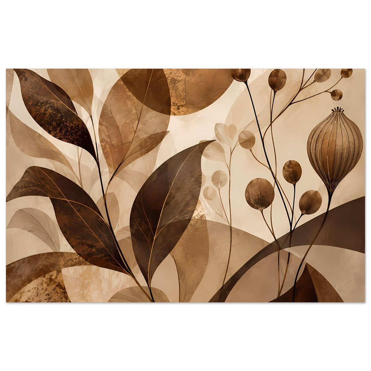 Blumenposter mit abstrakten Blättern und Blüten in Braun- und Beigetönen, horizontal