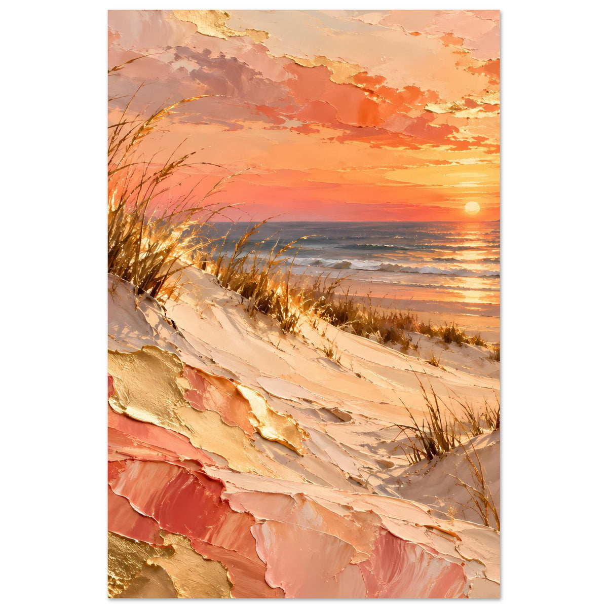Hochformatiges Meerposter mit Strandstreifen, Dünengras und goldenen Akzenten
