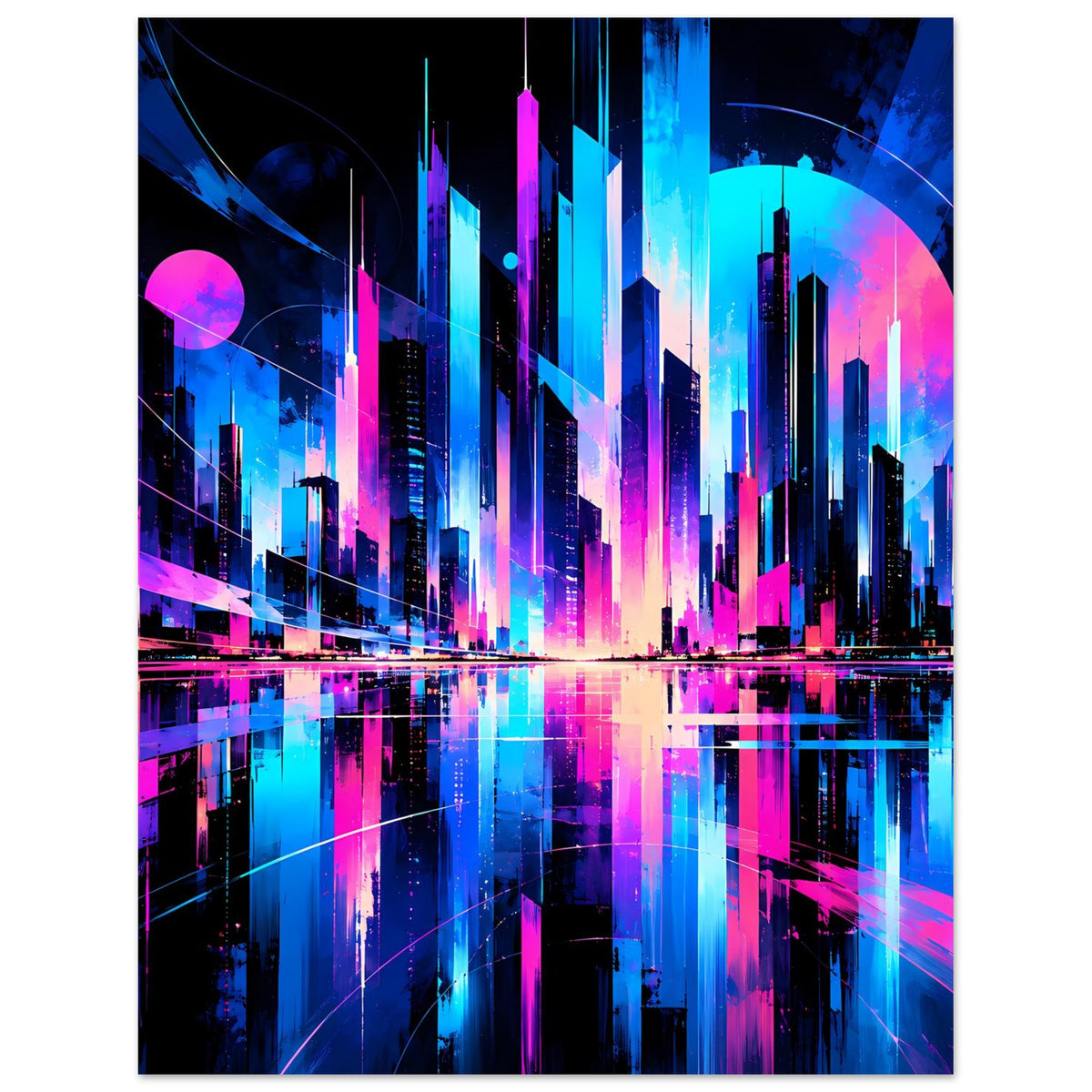 Neon-Stadtbild-Poster (Hochformat) mit Skyline und leuchtender Spiegelung in Blau/Pink