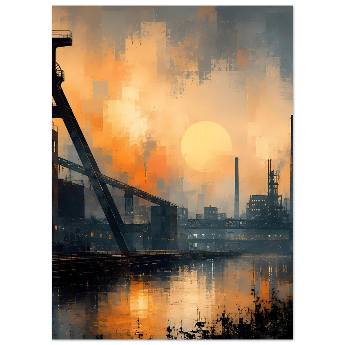 Industrie-Stadtpanorama Poster mit Brücke und großer orangefarbener Sonne vor Schornsteinen.