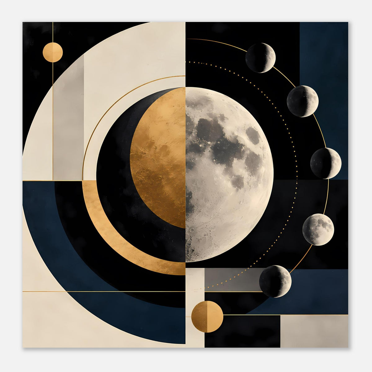 Abstrakter Mondkunst-Druck mit Mondscheibe, gold-schwarzen Kreisen und mehreren Planeten