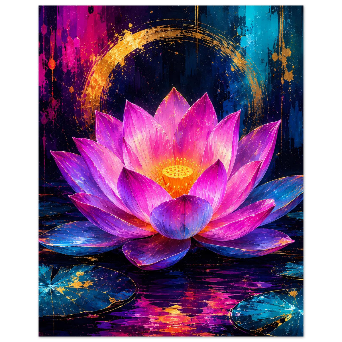 Blumenposter: Lotusblüte in Violett und Rosa mit goldener Ringstruktur und Flammenmotiv
