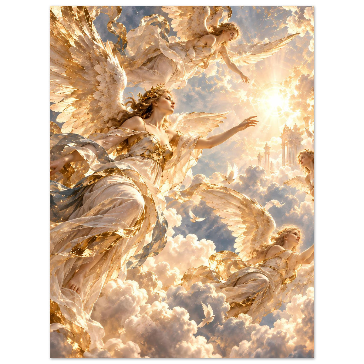 Mattes Poster: Engel mit ausgebreiteten Flügeln und goldenen Details, Hochformat