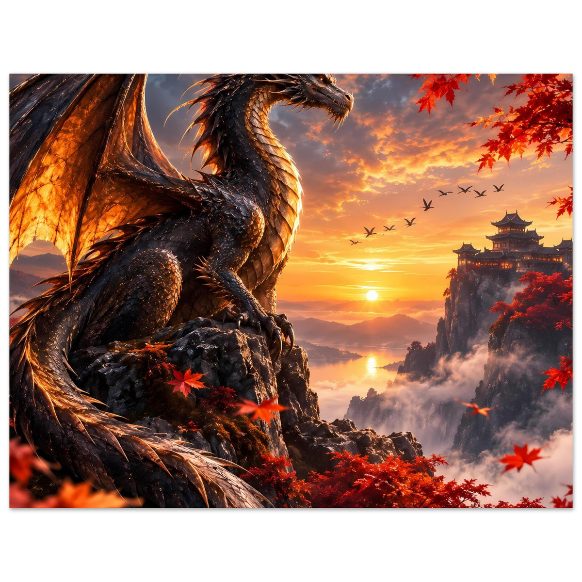 Drachenmotiv-Poster (Querformat): Drachenkopf und Felsen, rote Blätter, Sonne nahe Horizont
