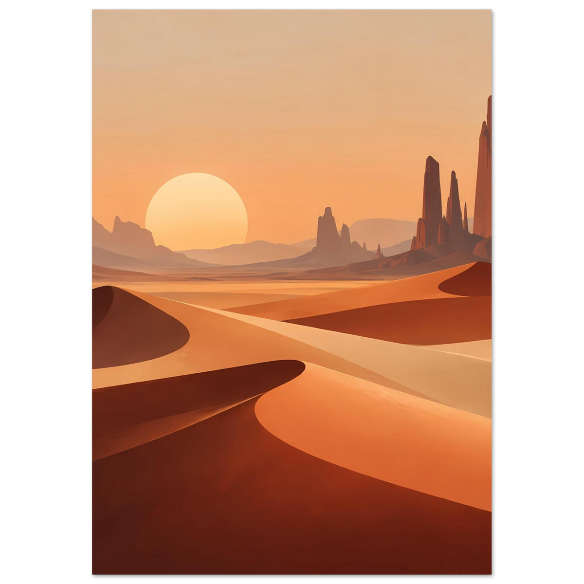 Hochformat-Poster: orange Sanddünen mit gebogenen Linien, gelbe Sonne und Felsgipfel rechts