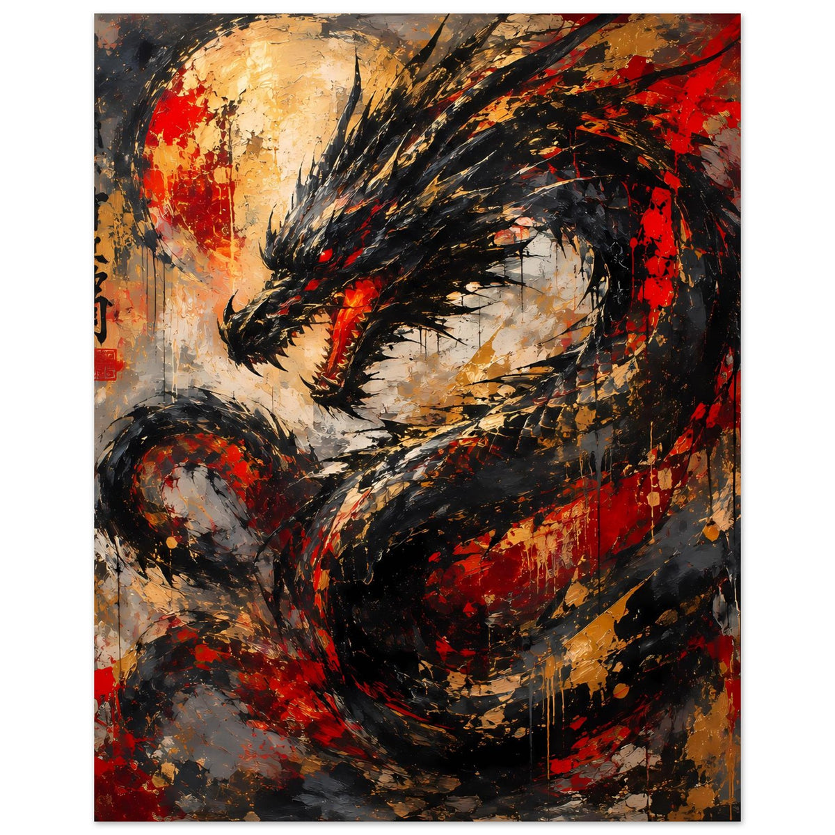 Abstraktes Drachen-Poster, Rot-Schwarz, Drachenkopf in kräftigen Pinselstrichen